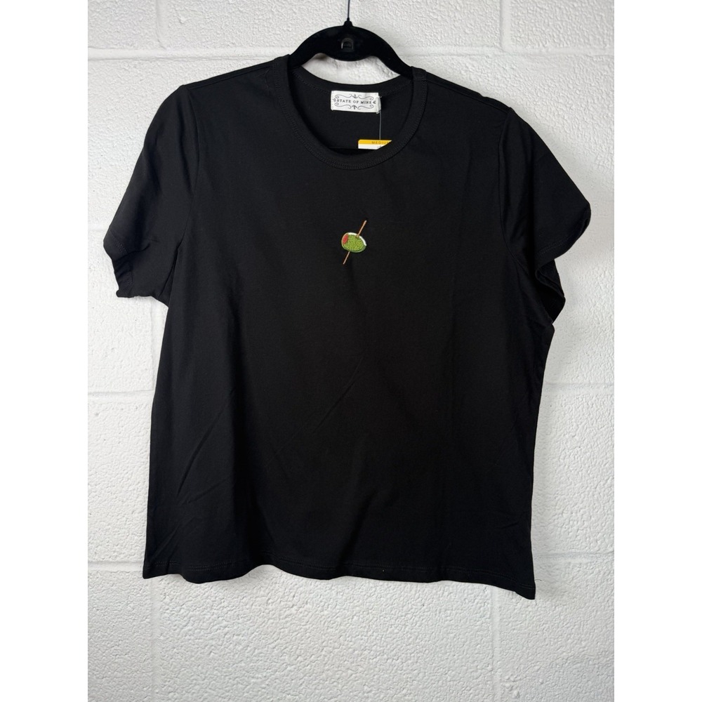 State of Mine Martini Olive Baby Tee Black Embroidered Cocktail Shirt NWT M